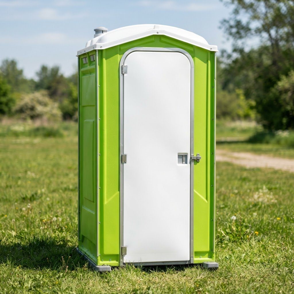 Close-up of a spotless green and white portable restroom unit on green grass