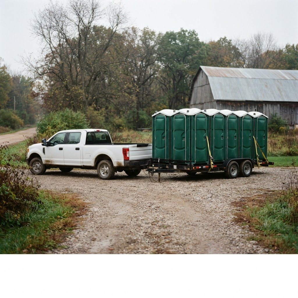 Trailer loaded with green portable toilet units ready for delivery