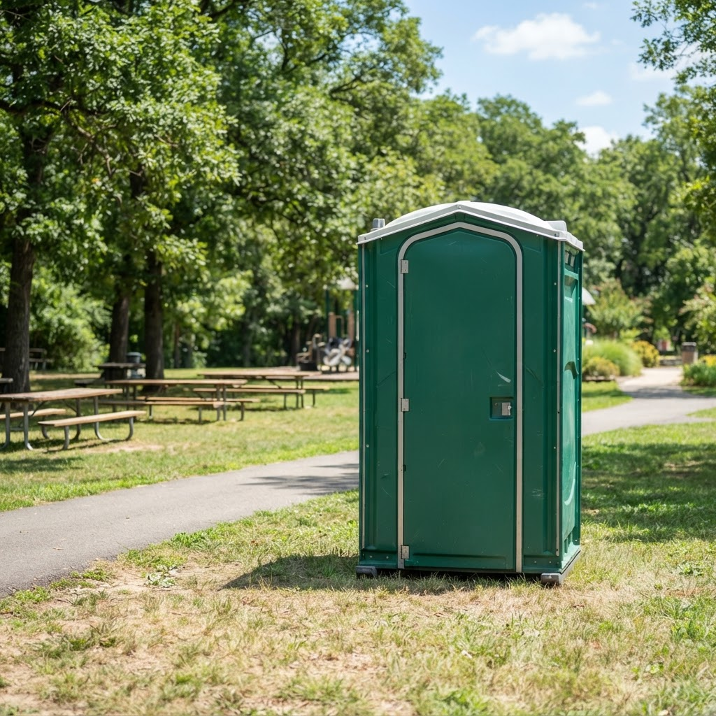 Portable restroom unit set up at the edge of a community park