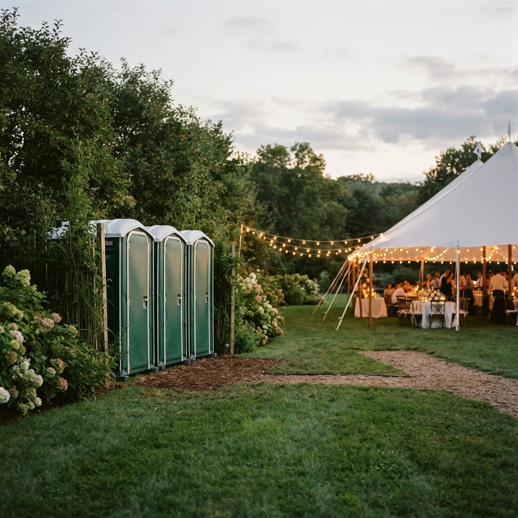 Row of portable restroom units placed near an outdoor wedding reception tent