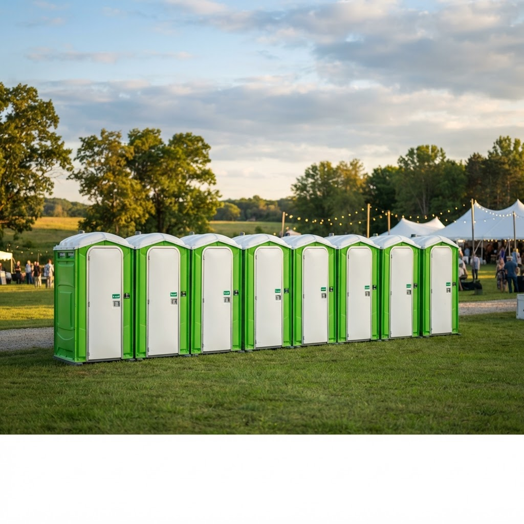Row of clean green portable restroom units set up on a lawn at an outdoor Michigan event
