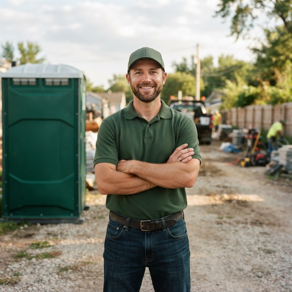 Owner of AJ's Portables standing next to a clean green portable restroom unit